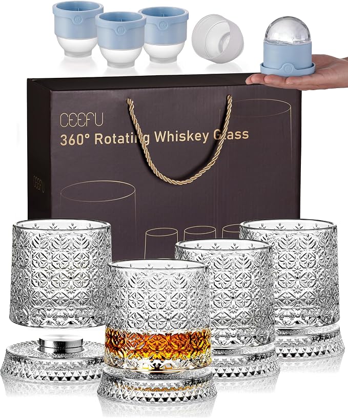 CEEFU Old Fashioned Whiskey Glasses with 360° Rotating Base, Set of 4 (4 Crystal Glasses Set, 4 Big Ice Ball Molds) In Gift Box - Bourbon, Cocktail, Rocks, Bday Gifts Ideas for Men, Snowflake Pattern