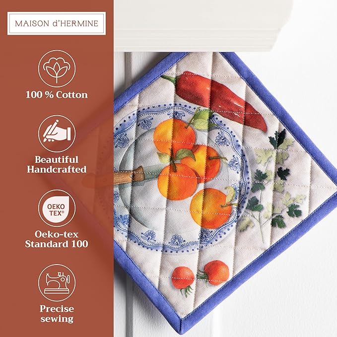 Maison d' Hermine Pot Holders 100% Cotton Heat Resistant Potholders 8" x 8" Hot Pads with Loop BBQ Cooking Baking Gifts for Mothers Day Handling Hot Pans Spring/Summer (Pack of 2, Gourmand)