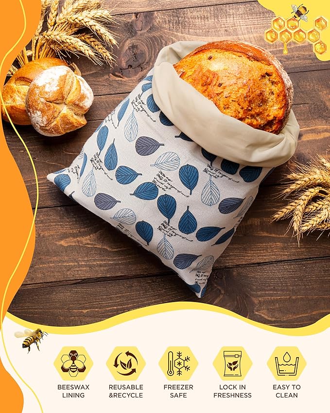 Reusable Beeswax Bread Bag for Homemade Bread, Extra Large Cotton Sourdough Bread Storage Bags, Freezer Safe Bread Keeper for Baker | Breathable material