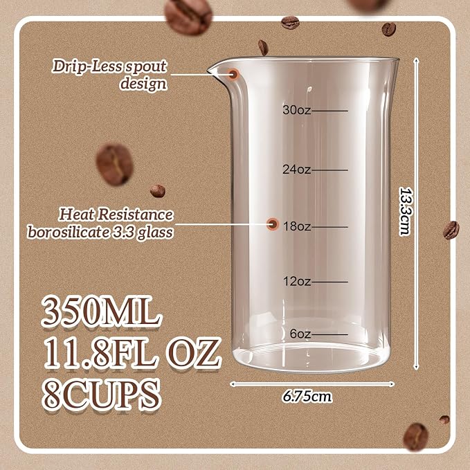 Maxdot 2 Pcs 34 oz French Press Replacement Glass with Scale Universal Replacement Beaker for French Press Tea and Coffee Makers Borosilicate 3.3 Glass Spare Carafe