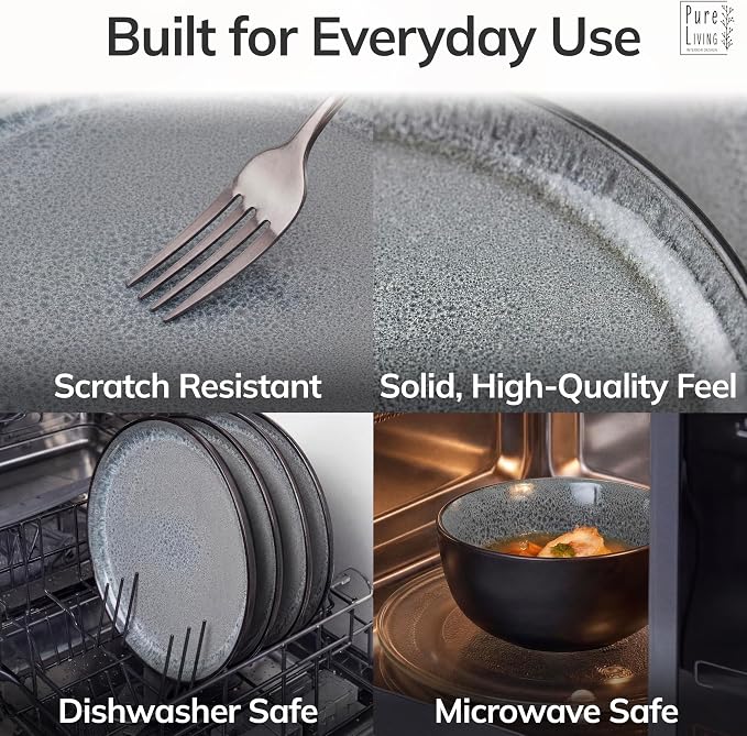 32 Piece Stoneware Dinnerware Set for 8 - Handmade Reactive Glaze Plates and Bowls Set - Chip & Scratch Resistant Dish Set - Dishwasher Microwave Safe - Dark Gray