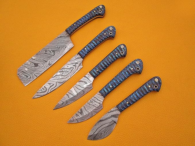 Custom made hand forged Damascus steel full tang blade kitchen knife set, Overall 45 inches Length of Damascus sharp knives (10.6+9.6+9.0+8.0+7.6) Inches, Leather suede sheath (Blue Jigged)