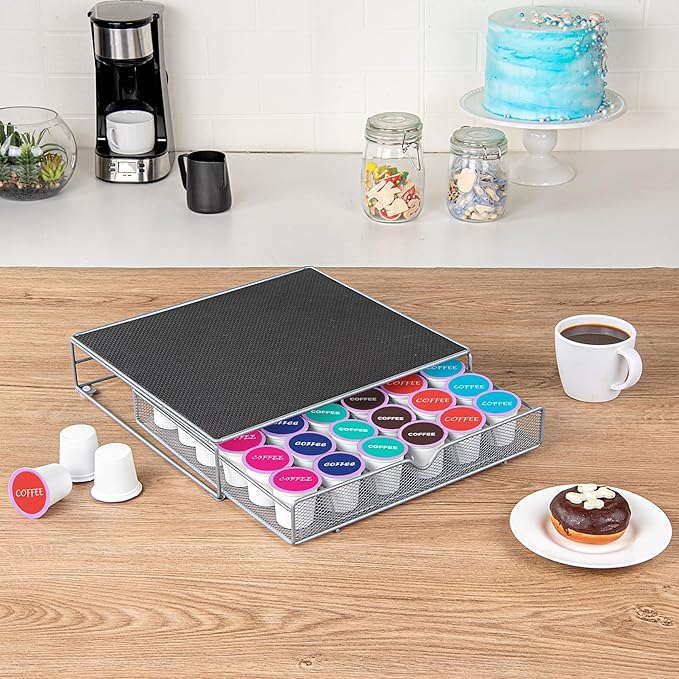 Restaurantware Restpresso 13 x 12.2 x 3 Inch Coffee Capsule Drawer 1 Heavy-Duty Pod Drawer - Holds 36 K-Cups Grip Top Iron Espresso Pod Organizer Mesh Tray Pods Not Included