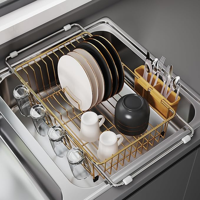 JASIWAY Gold in Sink Dish Drying Rack, Expandable Stainless Steel Small Dish Rack Over Kitchen Sink, Plate Drainer Strainer with Utensil Holder & Cup Holders, Counter Space Saving Wire Dryer Rack
