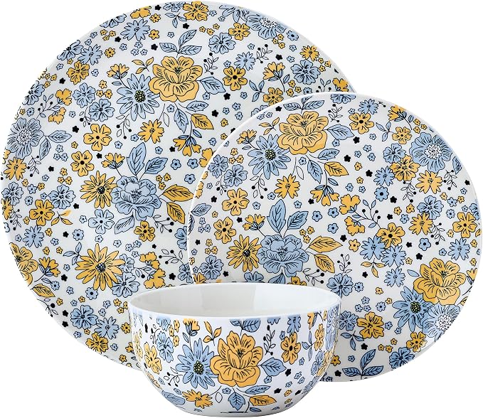 Pfaltzgtraff Vibrant Garden 12 Piece Floral Stoneware Dinnerware Plate Bowl Dish Set, Service for 4