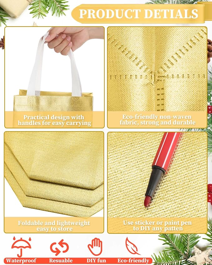 Eccliy Reusable Gift Bags Set Glossy Grocery Gift Tote Bag with Handle for Wedding, Bridal Shower, 4th of July, Summer Event(10 x 8 x 4.7 Inch,Gold,80 Pcs)