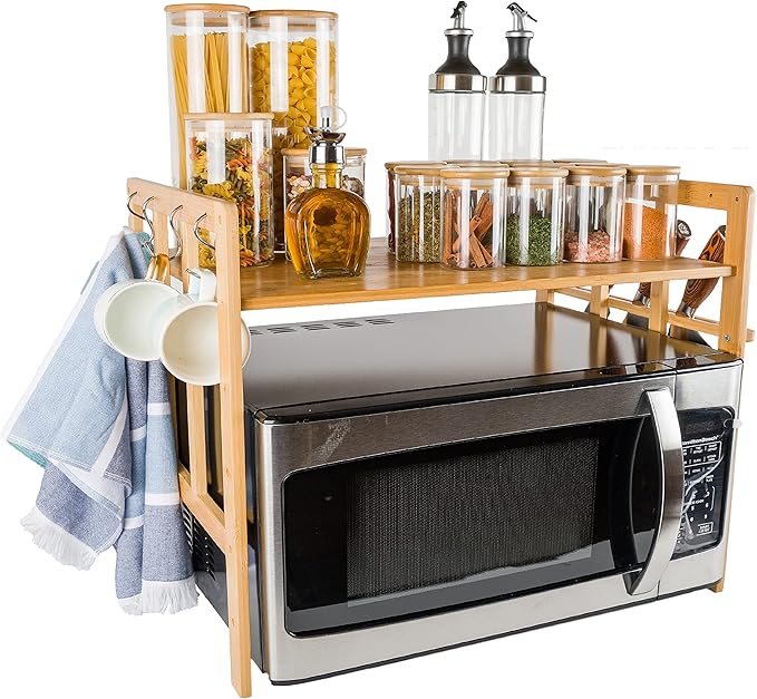 BAMBOO LAND Bamboo Microwave Oven Rack with Hooks and Built-In Knife Holder, Countertop Microwave Shelf