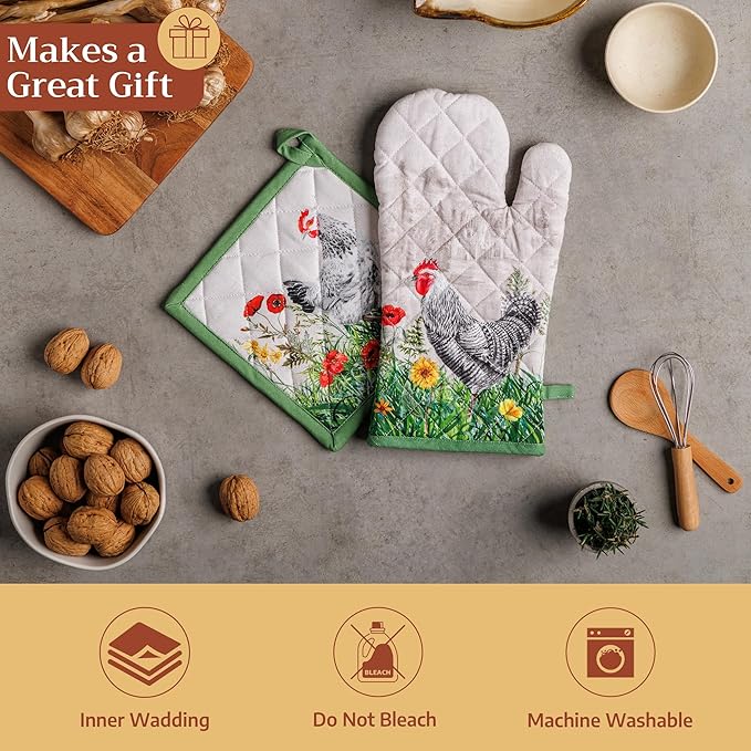 Maison d' Hermine Pot Holders 100% Cotton Heat Resistant Potholders 8" x 8" Hot Pads with Loop BBQ Cooking Baking Gifts for Mothers Day Handling Hot Pans Spring/Summer (Pack of 1, Basse Cour)