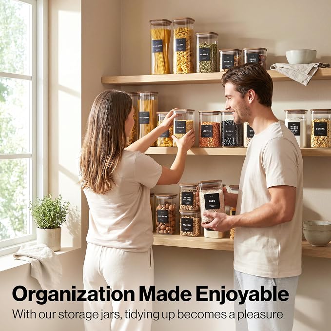EDELHAUS Glass Storage Containers with Lids - Canister for Pantry Food | Acacia Lids Black Labels Set of 5 - cereal flour sugar rice coffee tea spice pasta noodles dry goods 54 pre-printed labels