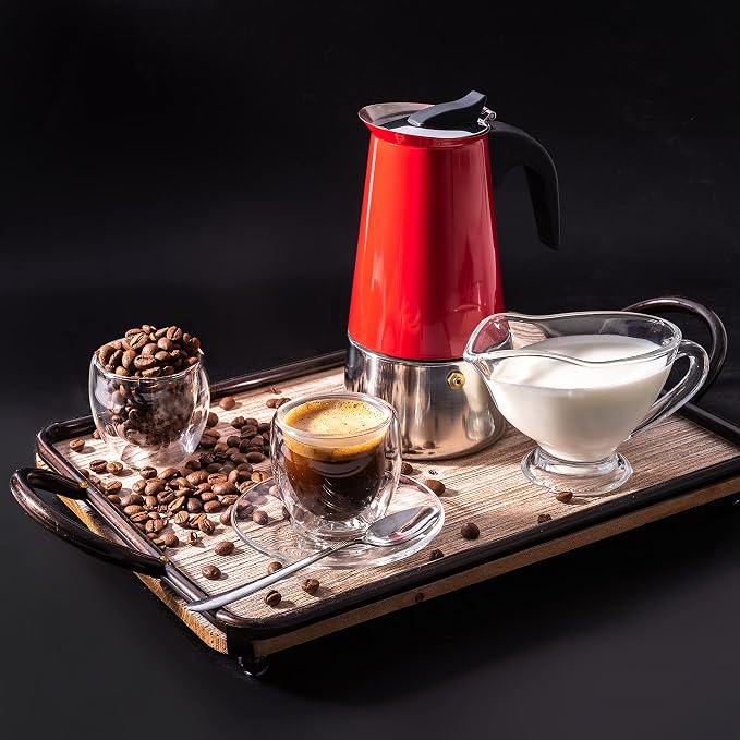 Mixpresso Stovetop Espresso Coffee Maker 15oz/9 Espresso Cup, Moka Coffee Pot with Coffee Percolator Design, Stainless Steel Stovetop Espresso Maker, Italian Coffee Maker, Bundle With 3 Piece Red Cani