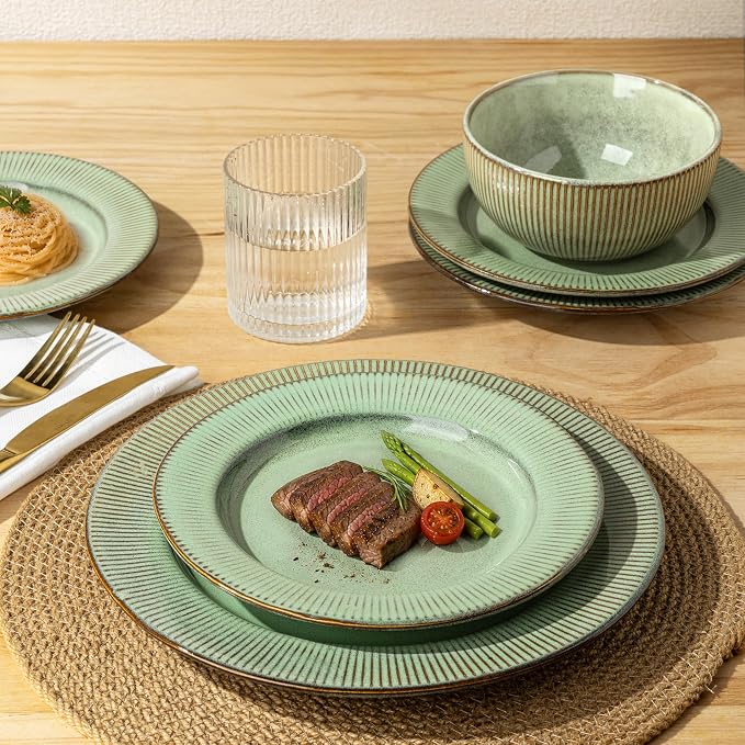 GBHOME Ceramic Dinnerware Sets,12 pcs Embossed Elegant Stoneware Plates and Bowls Sets, Housewarming Wedding Gift | Dishwasher & Microwave Safe | Dishes Set Service for 4