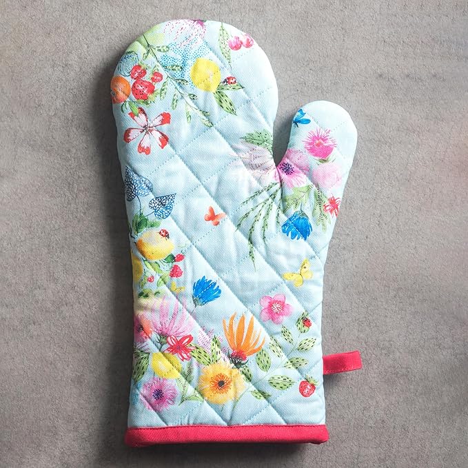 Maison d'Hermine Oven Gloves 100% Cotton Oven Mitt 7" x 13" with Loop Heat Resistant BBQ Cooking Gloves Baking Grilling Gifts for Mothers Day Spring/Summer (Pack of 1, Jardin D'Ete - Mint)