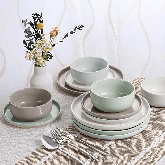HaWare Stoneware Dinnerware Sets, 12-Piece Plates and Bowls Set for 4, Dishes Set for Home Restaurant, Speckled Multicolor