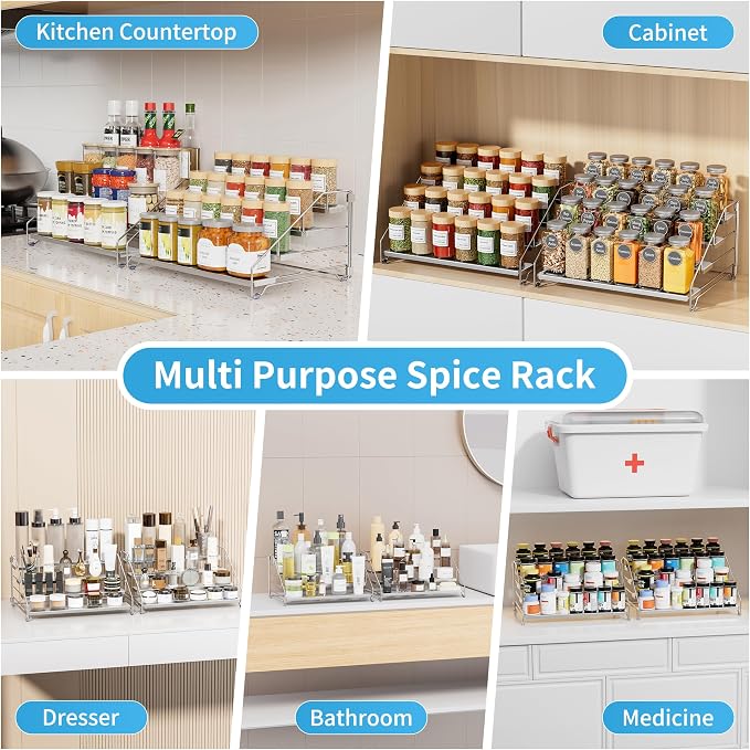 BOIVSHI Heavy Duty Spice Rack for Cabinet, Space Saving 4 Tier Spice Organization for Cabinet, Adjustable Depth Spice Shelf for Cabinet, Counter, Pantry - Chrome, 2 Pack