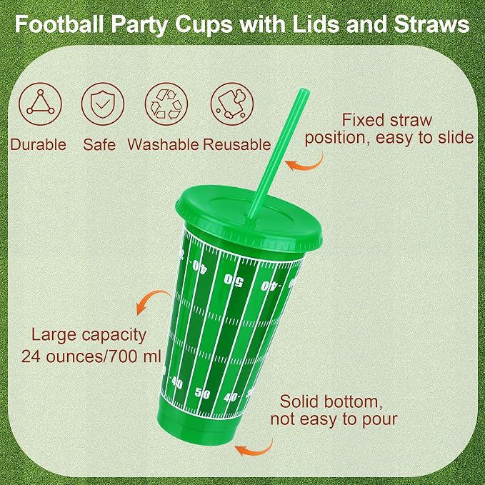 Kochorie 18 Pcs 24 oz Football Party Cups with Lids and Straws Reusable Plastic Tumbler Travel Mug Cups for Kids Coach Men Women Football Favors Tailgate Party Sports Game Time Supplies Decorations