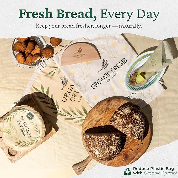 Reusable Bread Bags for Homemade Bread (5 in 1) – 2 XL Cotton Beeswax Bags, Reusable Beeswax Wrap, Bowl Cover & Dough Scraper – Eco-Friendly Storage for Sourdough Bread Bags.