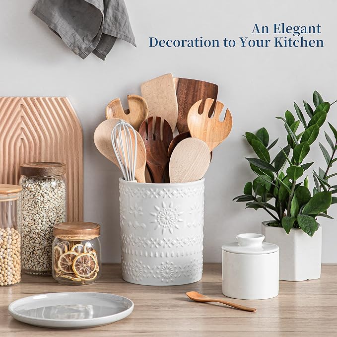 LOVECASA 7.2" Ceramic Utensil Holder, Farmhouse Countertop Crock, White | 7.2 Inch Size, Ceramic Build, Heavy Sturdy Base, Countertop Organization, Farmhouse Style, White Finish