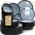 24 Piece Stoneware Dinnerware Set for 6 - Handmade Reactive Glaze Plates and Bowls Set - Chip & Scratch Resistant Dish Set - Dishwasher Microwave Safe - Dark Smoke Blue