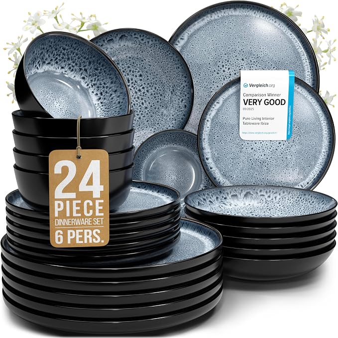 24 Piece Stoneware Dinnerware Set for 6 - Handmade Reactive Glaze Plates and Bowls Set - Chip & Scratch Resistant Dish Set - Dishwasher Microwave Safe - Dark Smoke Blue