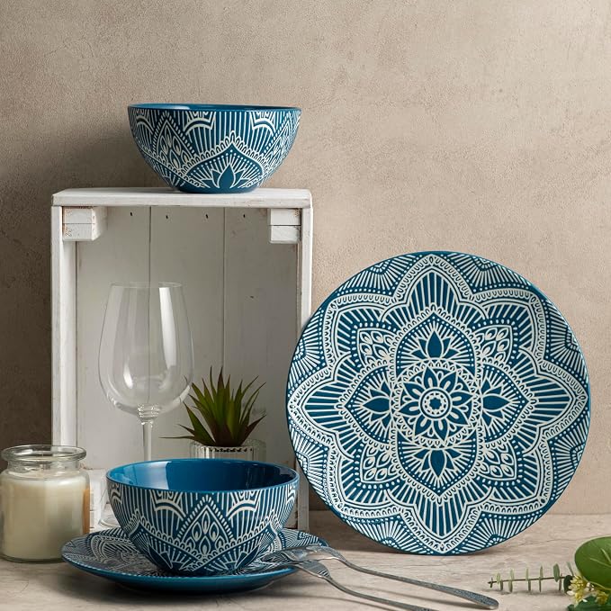 Bzyoo 12-Piece Ceramic Dinnerware Set: La La Mandala Blue Dish Set Design for Every Occasion - Microwave & Dishwasher Safe Stackable Plates Bowls