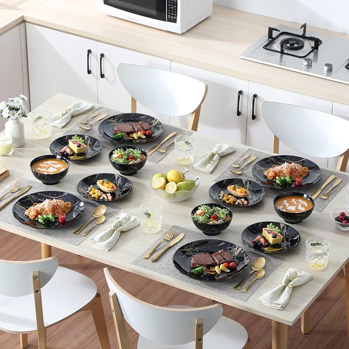 LOVECASA Plates and Bowls Sets for 4, 12 Pieces Porcelain Dinnerware Sets, Black and Gold Dish Set Gold Splash Dishware Sets, Dishwasher Microwave Safe