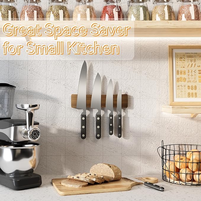 Magnetic Knife Holder for Wall, Acacia Wood Knife Magnetic Strip No Drill Knife Magnet Storage Bar Magnetic Tool Key Holder Strip for Kitchen Utensil Organizer (Dark Brown, 10 Inch)