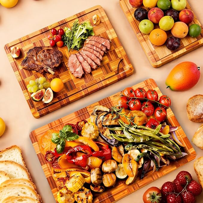Bamboo Cutting Board Set of 3 for kitchen Checkered End Grain Chopping Boards with Storage Stand & Deeper Juice Grooves | Reversible Butcher Block for Meat, Cheese, Charcuterie & Kitchen Prep