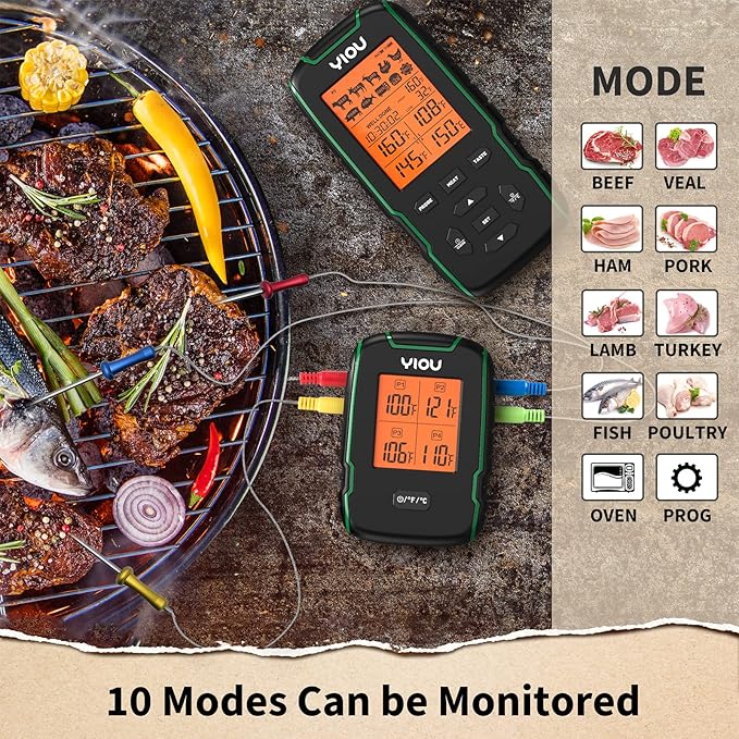 YIOU Wireless Meat Thermometer for Cooking, Digital Meat Thermometer with 4 Probes, 500FT Ultra Accurate & Fast Food Thermometer for Oven, Smoker, Green