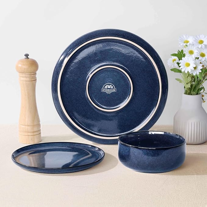 Herogo 12 Pieces Dinnerware Sets Stoneware Service for 4, Dinner Plates and Bowls Sets, Double Reactive Glaze Dishes Set for Kitchen, Scratch Resistant, Microwave & Dishwasher Safe, Starry Blue