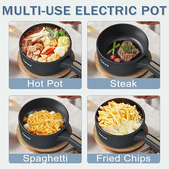 TOPWIT Hot Pot Electric with Steamer, 2L Multifunctional Electric Cooker, Non-Stick Sauté Pan, Portable Pot for Steak, Fried Rice, Ramen, Soup with Dual Power Control (Spatula Not Included), Grey