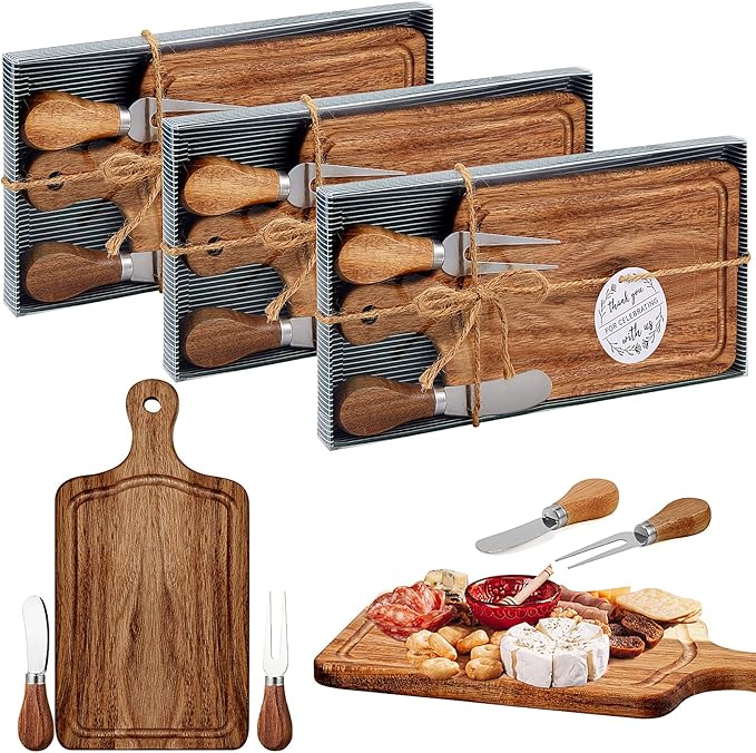 Ziliny 3 Sets Bridal Baby Shower Cheese Prizes Wooden Square Board Gift Set Knives Forks Thank You Tags with Box for Guests for Valentines Bridal Baby Shower Housewarming (Acacia Color)