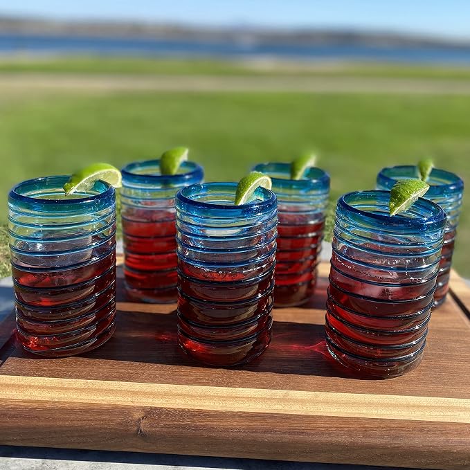 Dos Sueños Hand Blown Mexican Drinking Glasses – Set of 6 Glasses with an Aqua Spiral Design (14 oz each) …