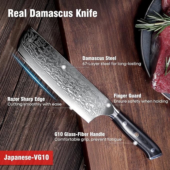 PAUDIN Nakiri Knife 7'', Damascus Chef Knife, Japanese VG-10 Stainless Steel, Kitchen Knife with G10 Full Tang Handle, Razor Sharp 67-Layer Forged Blade