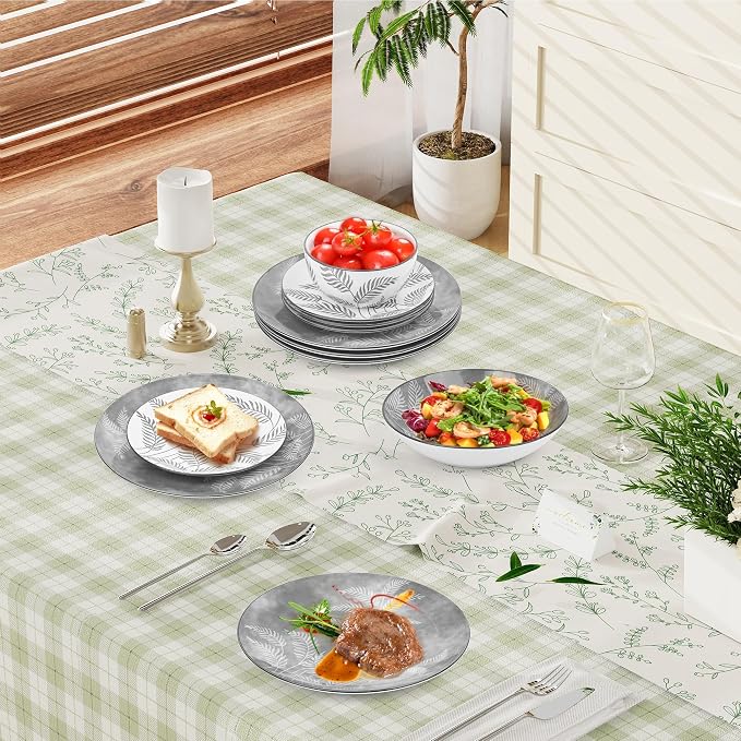 Porcelain Lightweight Dinnerware Sets for 4, 16 Pieces Grey Floral Ceramic Plates and Bowls Set, Branch Dishes Set with Pasta Bowls, Microwave and Dishwasher Safe