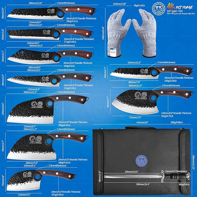 XYJ Professional Serbian Chef Knife Set with Roll Bag, Japanese Culinary Knives, Meat Cleaver, Kitchen Chopping Knife, and Protective Sleeves, Perfect for Home Cooking or Outdoor Camping (13)