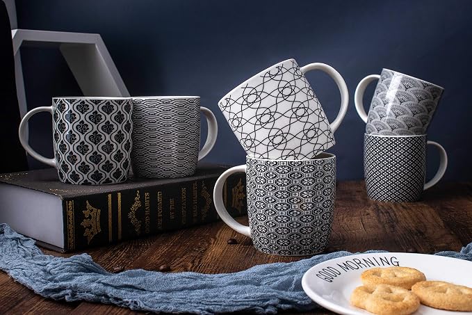Set of 6 11.5 oz Coffee Mugs with Black and White Geometric Patterns, Ceramic Tea Cup Set