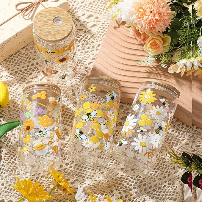 Mumufy 4 Pack Wildflower Glass Cups Gift Aesthetic Cute Glass Cup Tumbler Flower Iced Coffee Mugs 16 oz with Bamboo Lid & Straw, for Wedding Birthday Bridesmaid Mom Baby Shower
