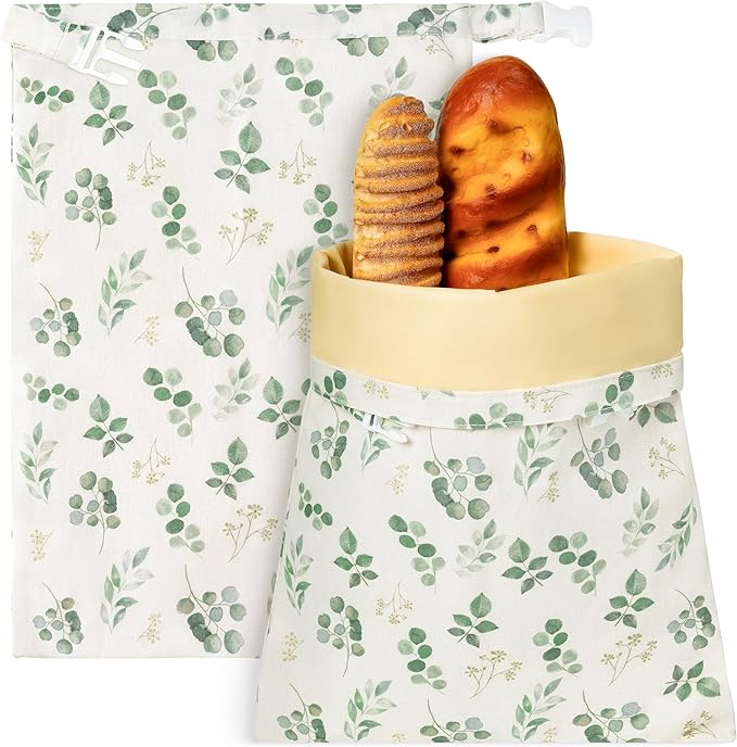Reusable Beeswax Bread Bags - 2 Pack Bees Wax Food Bag, Homemade Sourdough Bread Storage, 2-in-1 Linen Cotton Large Freezer Container Home Baking Accessories with Lining (Eucalyptus Leaf)