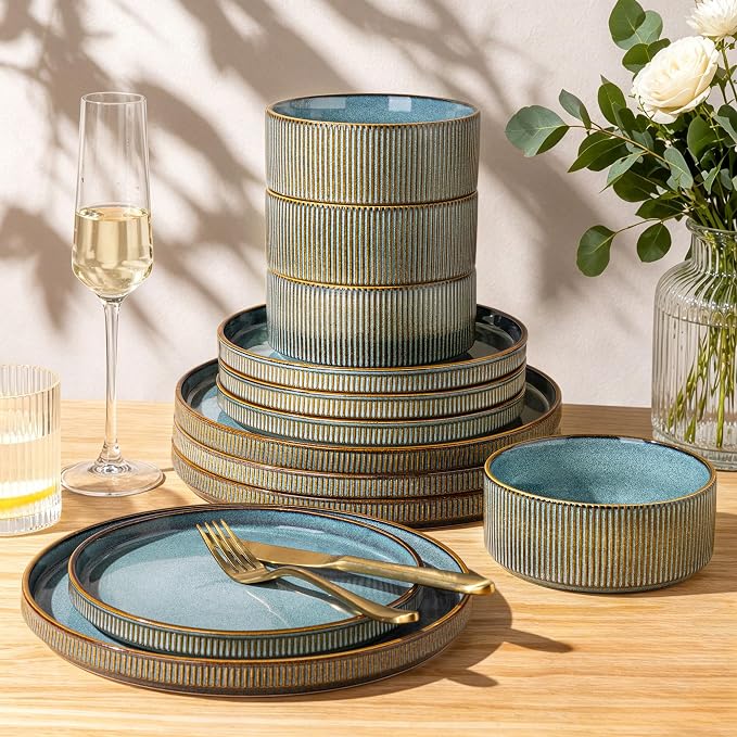 GBHOME 12-Piece Stoneware Dinnerware Set for 4 – Ribbed Ceramic Plates and Bowls, Scratch-Resistant, Microwave & Dishwasher Safe, Reactive Glaze-Space Blue