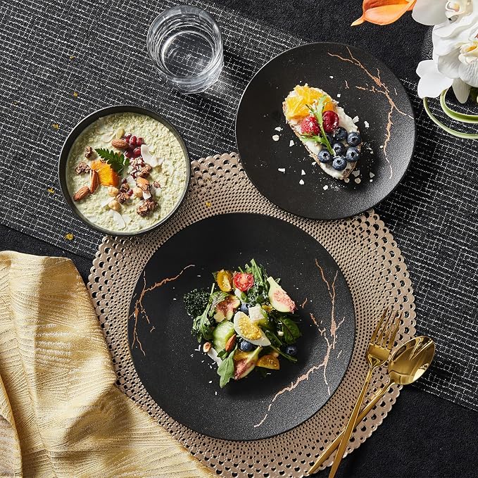 KINGSTONE Dinnerware Sets for 4, Black & Gold Plates and Bowls Sets Matte Vein Dish Set, Modern Luxury Tableware Dinner Salad Plate bowl, for Home Wedding Party Gifts (12 Piece)