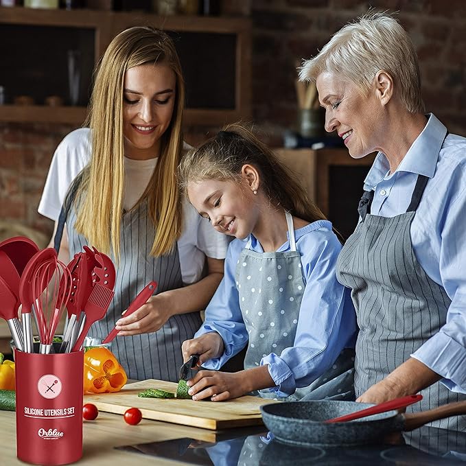 Essential Kitchen Duo: Stainless Steel Garlic Press & 14-Piece Cooking Utensils with Holder Red