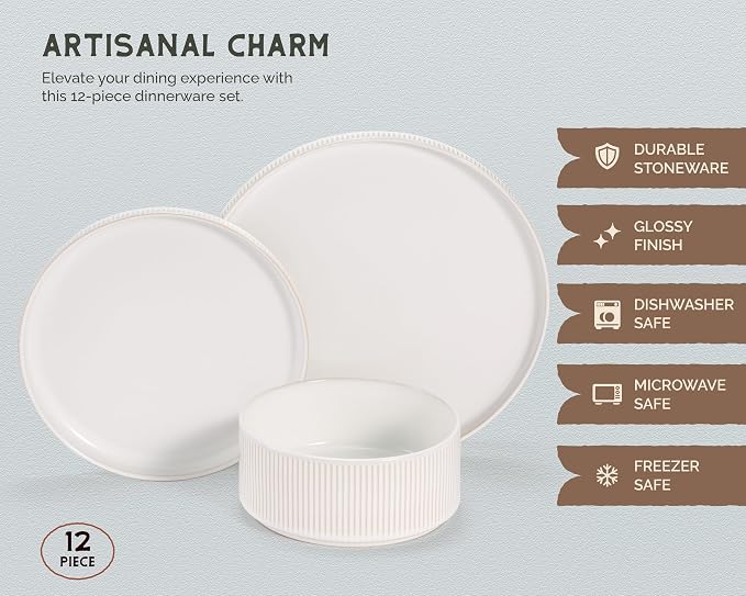 Ceramic Dinnerware Set, by Vase and Vessel, 12-Piece Service for 4, 9.8” Dinner Plates, 8” Salad Plates, 20 oz Bowls, Ombre Reactive Glaze, Durable Stoneware, Microwave & Dishwasher (Powder White)