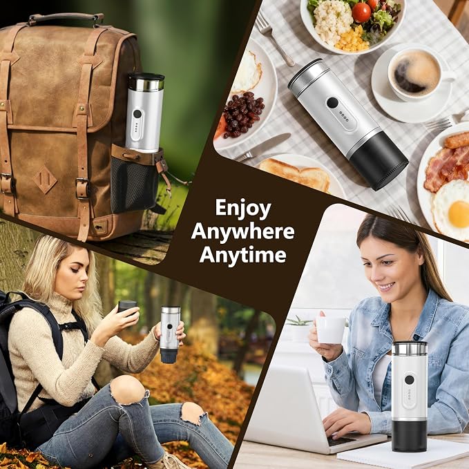Portable Electric Espresso Machine, Self-Heating Travel Coffee Maker with USB-C, Compatible with Ground Coffee & NS Capsules, Ideal for Camping, Car, RV, Hiking & Office (White)