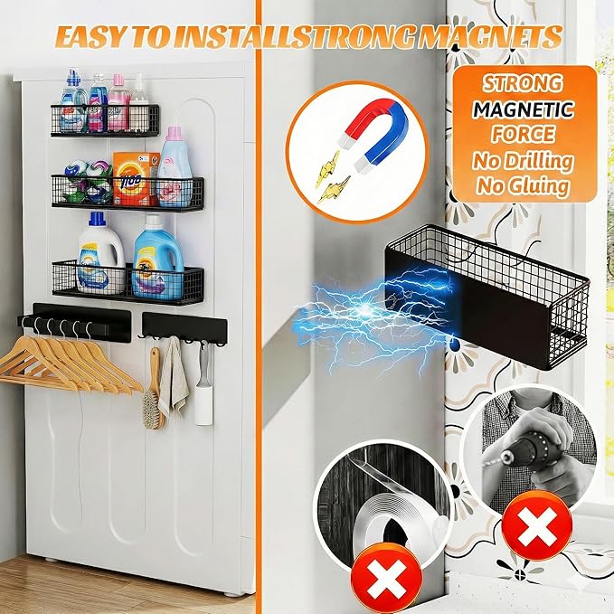 Magnetic Spice Rack Refrigerator,Include Paper Towel Holder And Hooks, For Traeger Grills Of Washing Machine Side (Black, 5-Pack)
