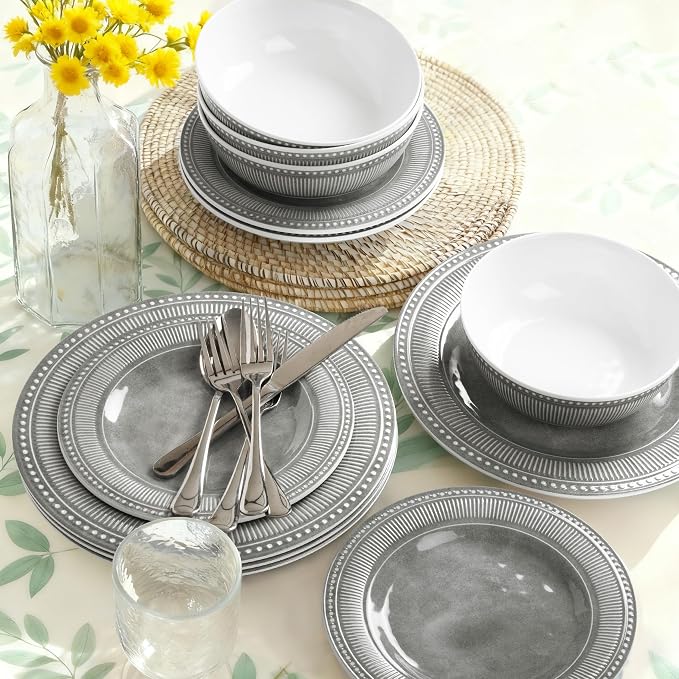 AELS Melamine Dinnerware Set of 12 Pcs, Dinner Dishes Set for Indoor and Outdoor Use, Melamine Plates and Bowls Set for 4, Dishwasher Safe, Lightweight Unbreakable, BPA Free, Gray