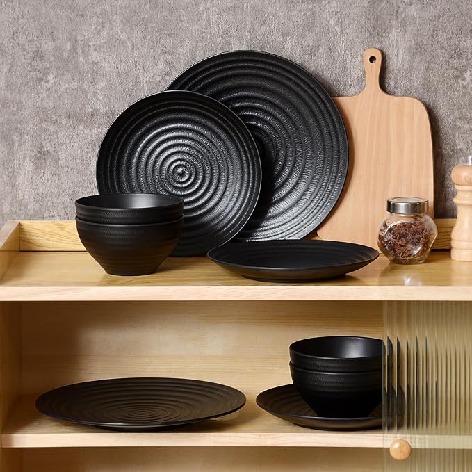 Melamine Dinnerware Sets for 4, 12Pcs Plates and Bowls Sets with Modern style, Lightweight and Unbreakable Dish Set for Camping, RV and BBQ, Dishwasher Safe, BPA free(Black)