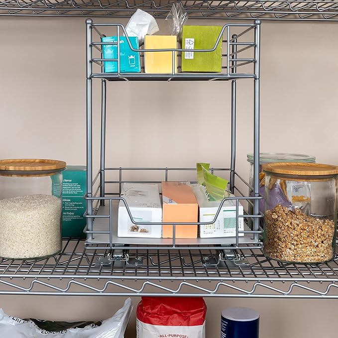 Household Essentials Glidez Steel Pull-Out/Slide-Out Storage Organizer with Plastic Liners for Under Cabinet or Wire Shelf Use - 2-Tier Design - Fits Standard Size Cabinet or Shelf, Brushed Silver
