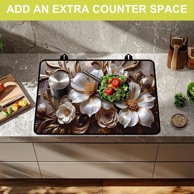 Glass stove top cover 28"x 20", Stove Top Covers for Electric Stove, Flat Range Mat for Glass Cooktop, Kitchen Heat-Resistant Protector Non-Slip Drying Mat (Golden Flowers)