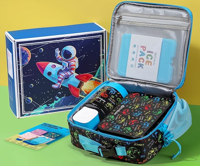 Fimibuke Bento Lunch Box for Kids, 3-Compartment 32OZ Snack Lunch Container, Lunch Bag, 12OZ Insulated Food Jar & Ice Pack Set for Age 3-12 School Daycare Toddler Teen Girls Boys, Gamepad
