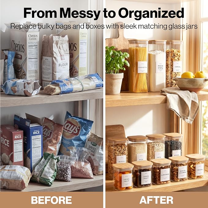 EDELHAUS Glass Storage Containers with Lids - Canister for Pantry Food | Bamboo Lids White Labels Set of 5 - cereal flour sugar rice coffee tea spice pasta noodles dry goods 54 pre-printed labels